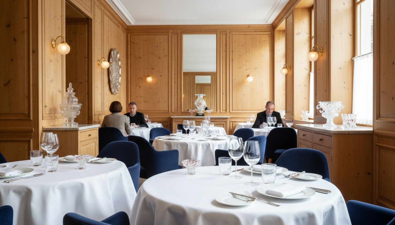 The elegant and calm interior of the Arpège dining room in Paris.