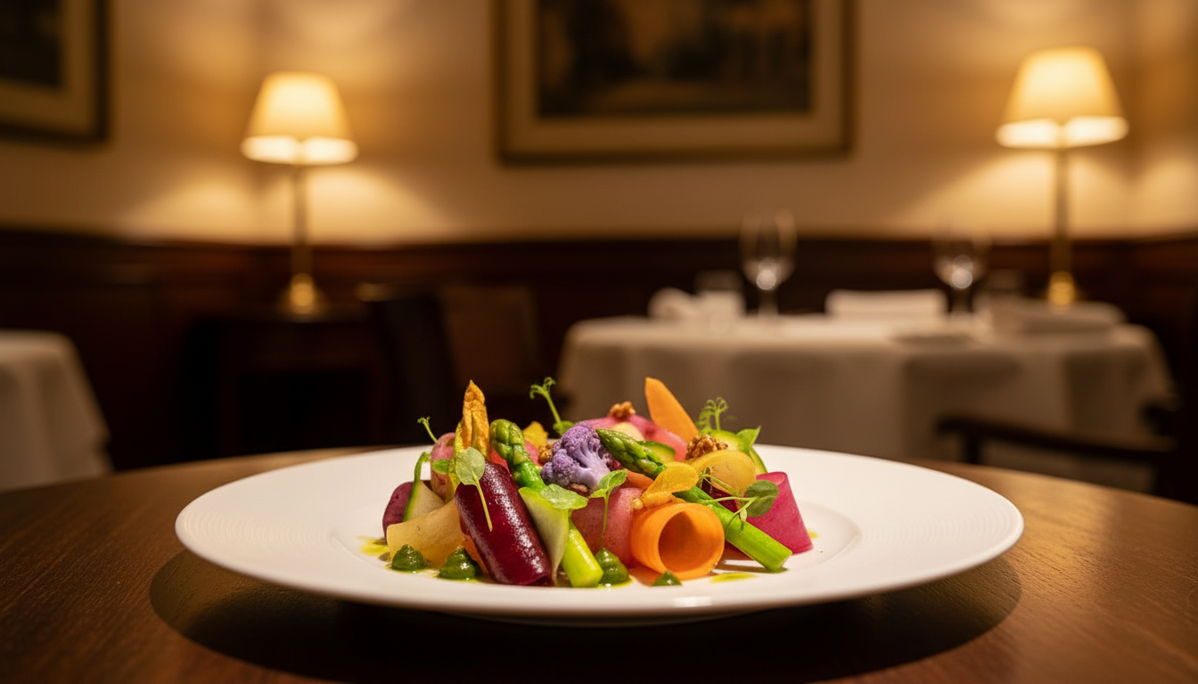 A close-up of a colourful and meticulously plated vegetable dish at Arpège.