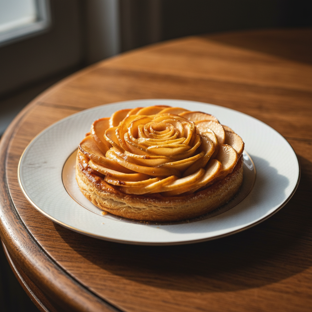 The famous apple rose tart dessert at Arpège, with thinly sliced apples arranged like a flower.