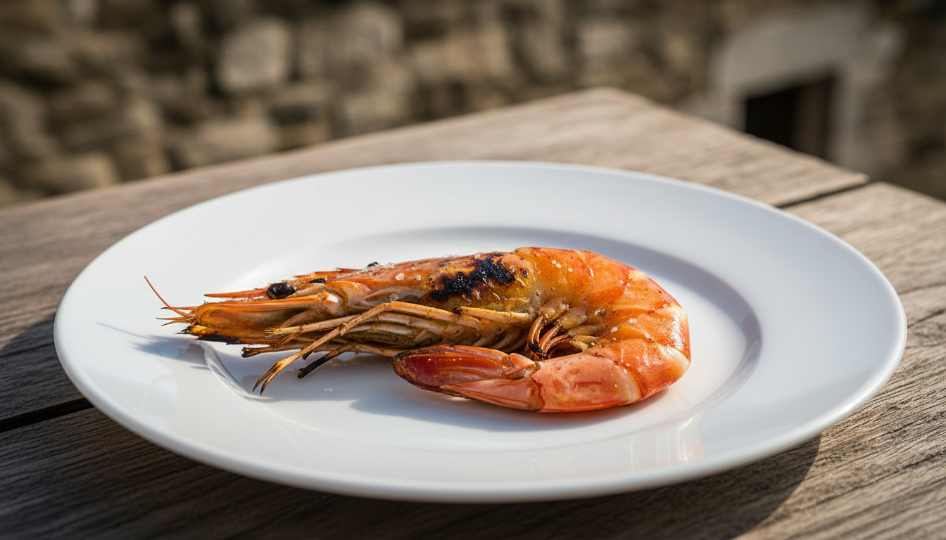 A single, perfectly grilled Palamós prawn on a white plate.