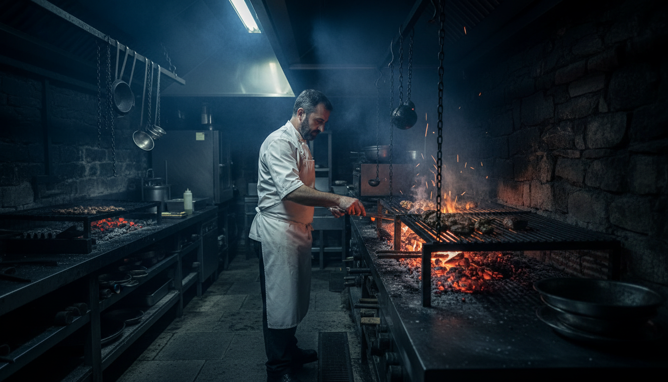 Chef Victor Arguinzoniz tending to his custom grills in the kitchen.