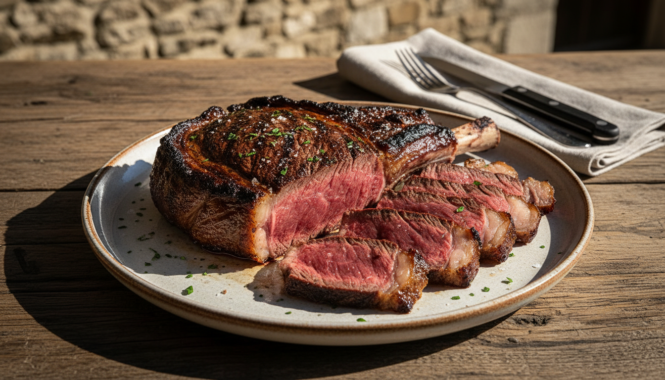 A perfectly cooked, thick-cut Galician beef chop, sliced to reveal a red interior.