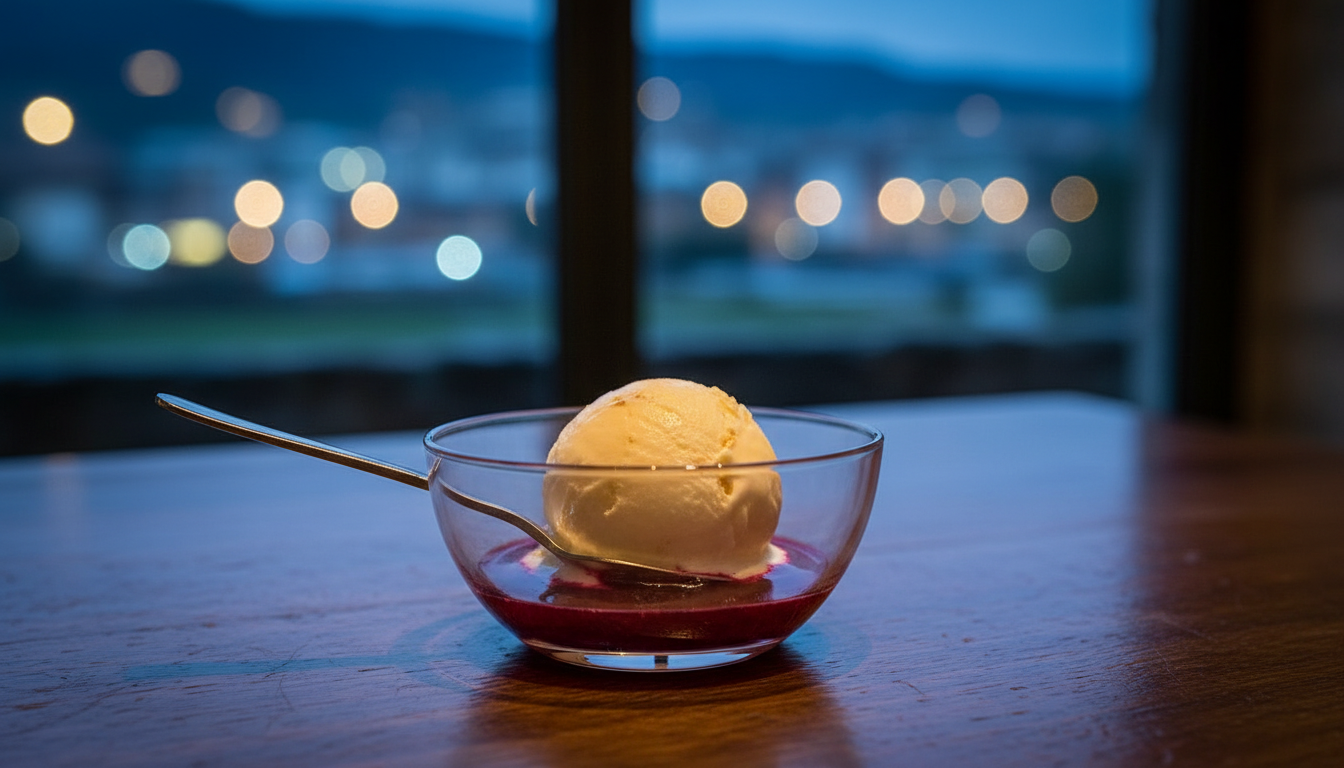 A scoop of smoked milk ice cream sits in a pool of red beetroot juice.