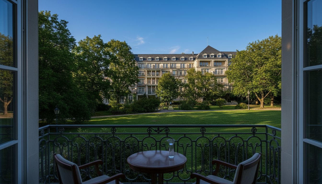 View from a suite balcony at Brenners Park-Hotel, overlooking a serene park.