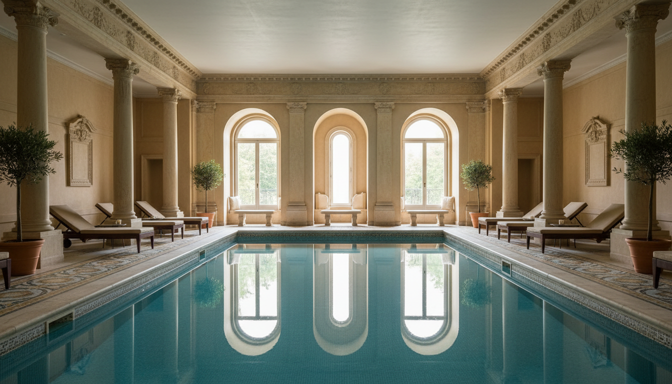 The serene, Roman-style indoor swimming pool at Villa Stéphanie.