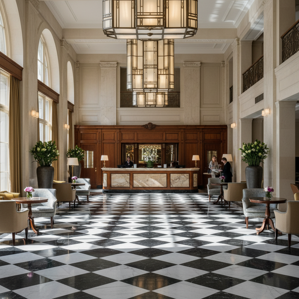 The famous black-and-white marble floor of the Art Deco lobby at Claridge's.