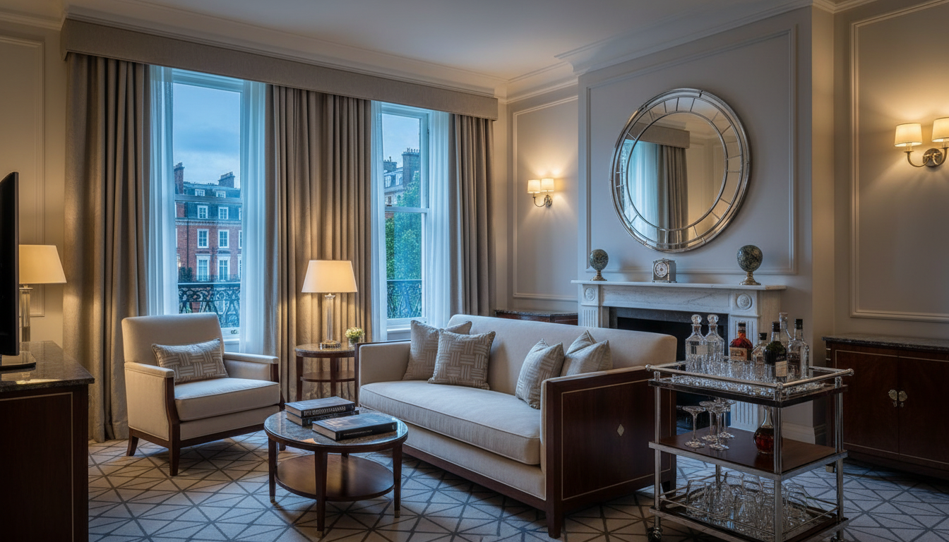 The elegant and serene living room of an Art Deco suite at Claridge's.