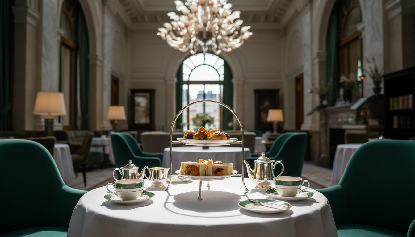 The traditional afternoon tea service at Claridge's, with scones and sandwiches.