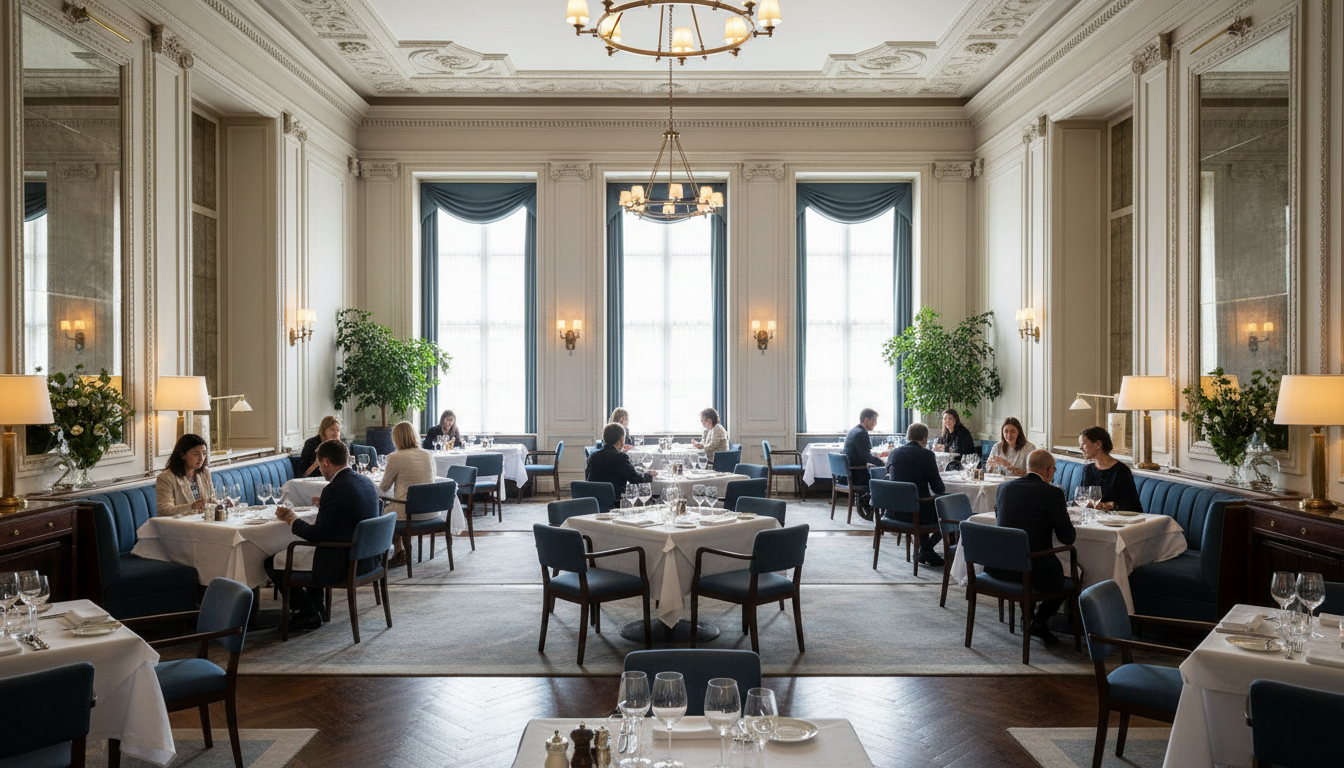 The grand and elegant dining room of Claridge's Restaurant.