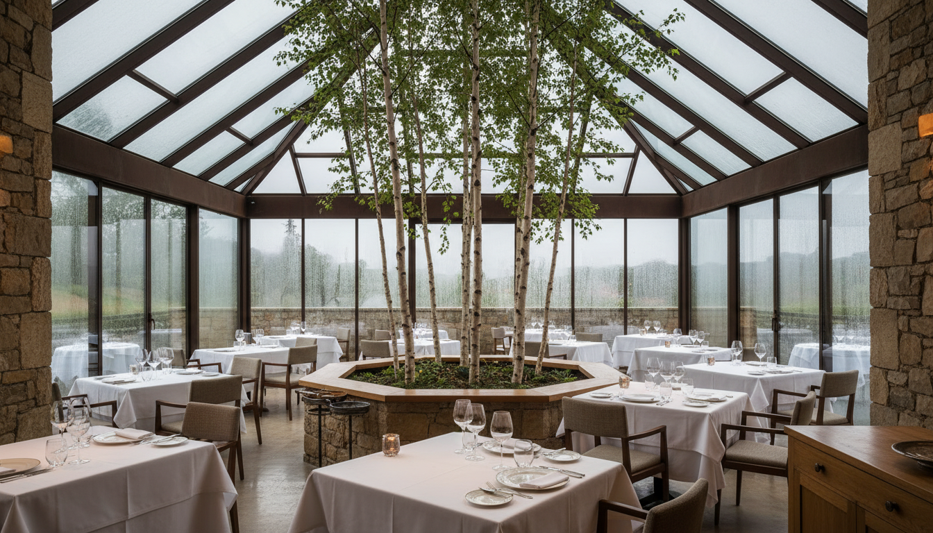 The main dining room of El Celler de Can Roca, with tables arranged around a triangular glass atrium containing several tall birch trees.