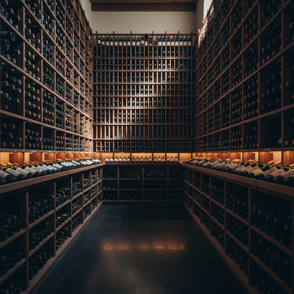 The expansive and dramatically lit wine cellar at El Celler de Can Roca, with thousands of bottles lining the walls.