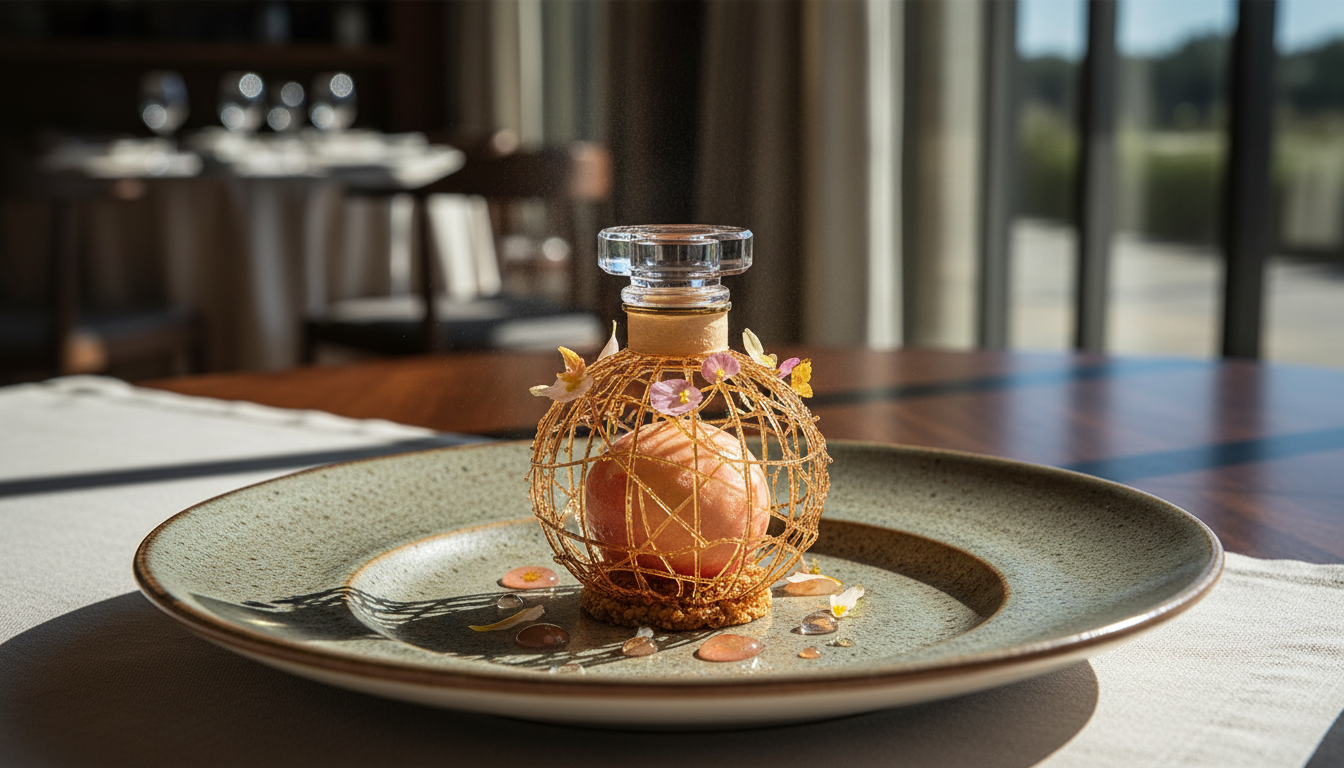 An elaborate and artistic dessert plated at El Celler de Can Roca, showcasing complex shapes and colours.