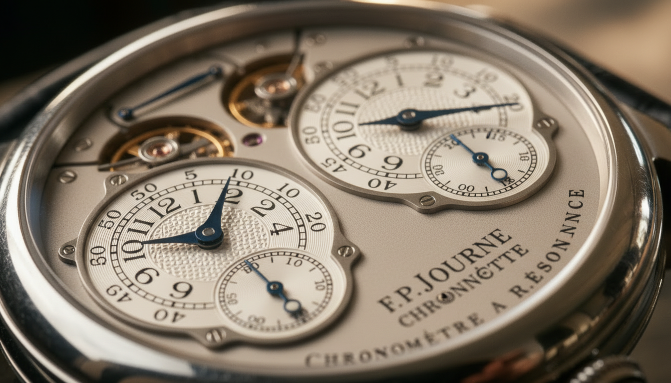 A detailed macro shot of the dial of the F.P. Journe Chronomètre à Résonance.