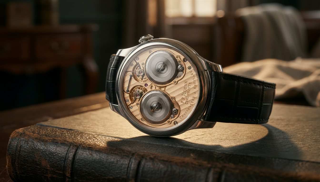 The 18k rose gold movement of the F.P. Journe Chronomètre à Résonance, visible through the sapphire caseback.