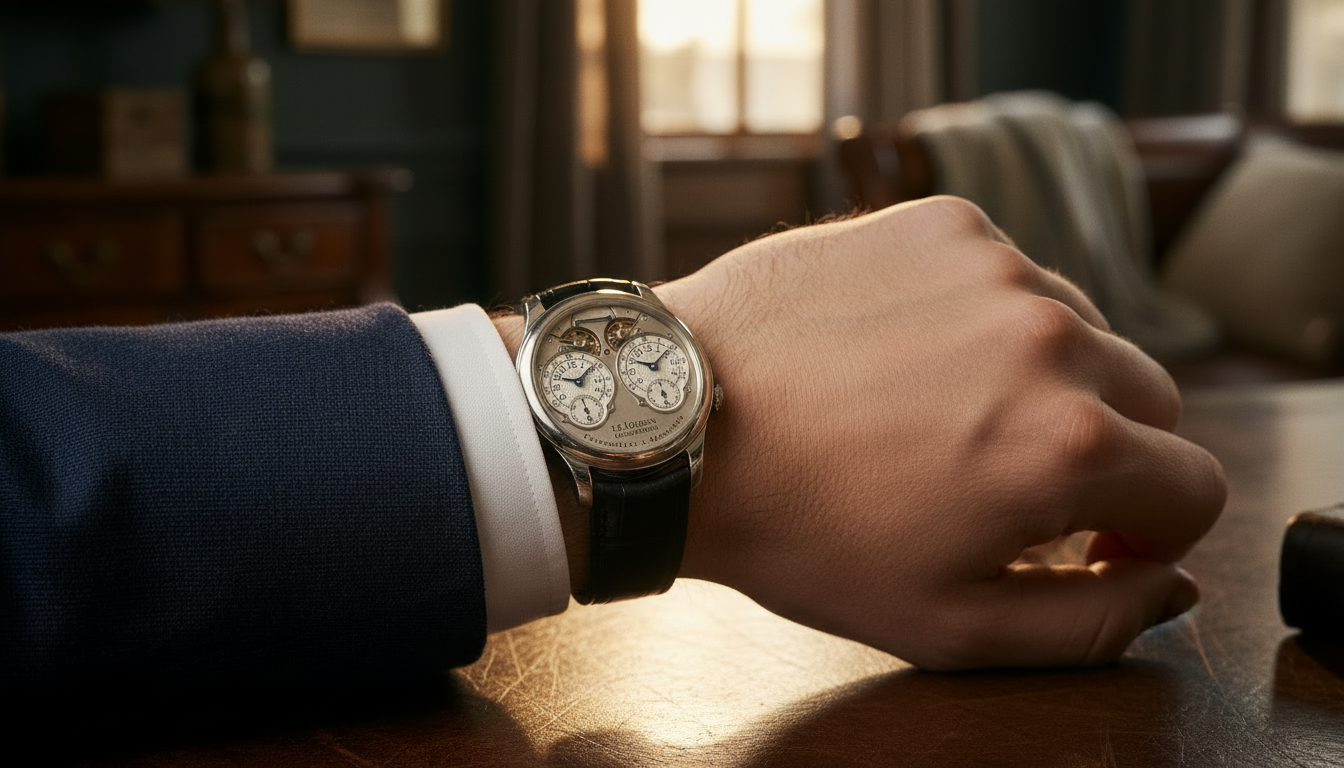 The F.P. Journe Chronomètre à Résonance worn on a wrist with a tailored cuff.