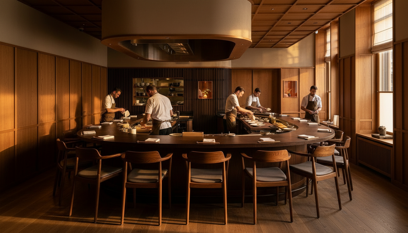 The main dining counter at Frantzén, facing the open kitchen.