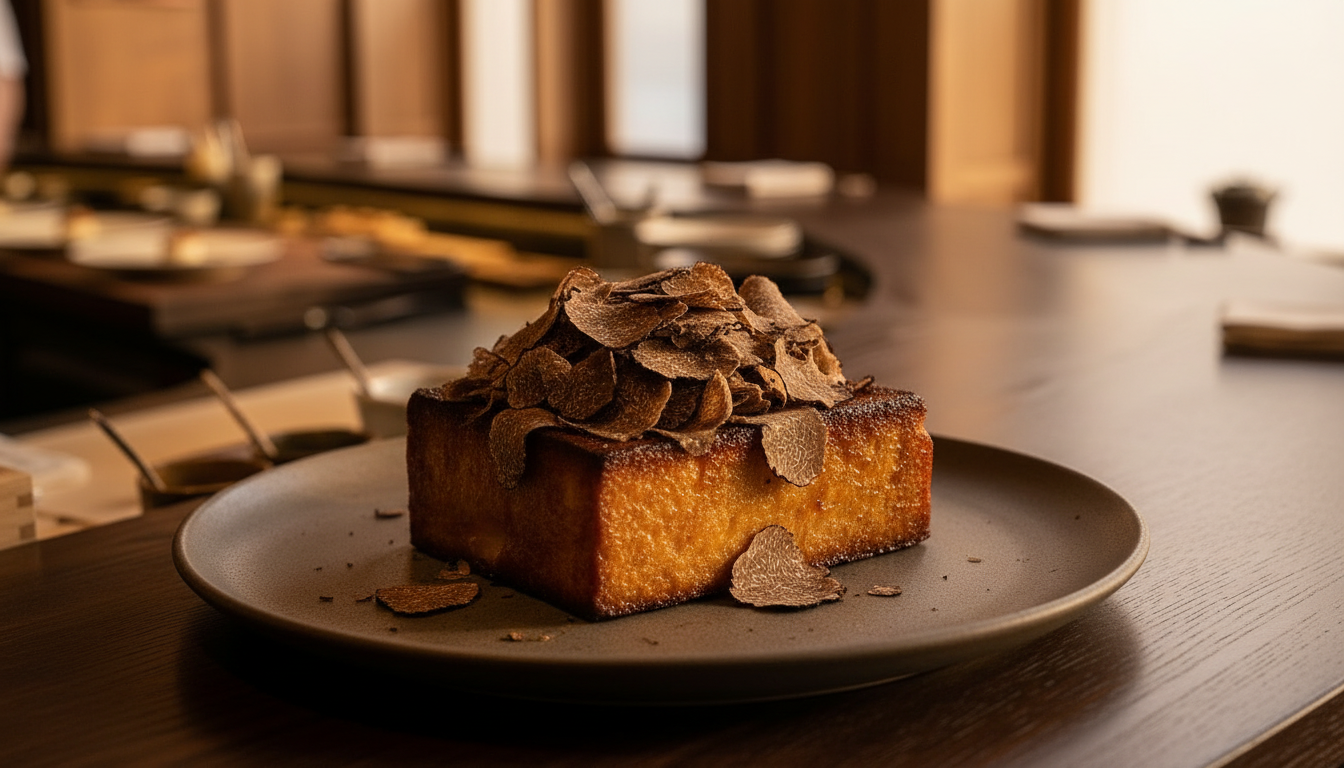 A close-up of Frantzén's signature French toast with truffle.