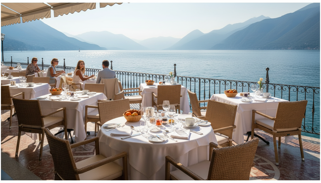 The lakeside terrace of the Grand Hotel Fasano, with tables overlooking Lake Garda.