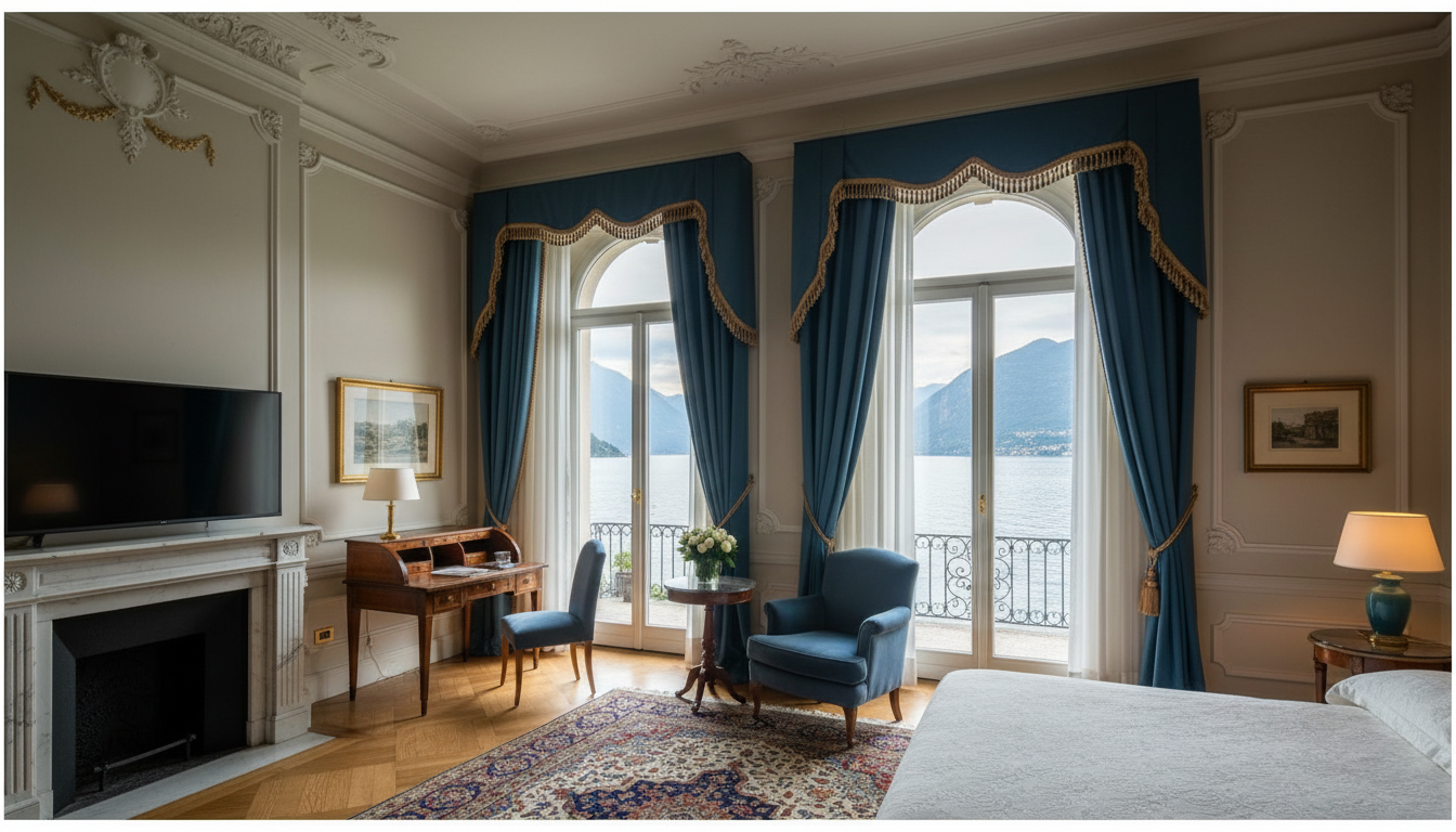 An elegant suite at the Grand Hotel Fasano with classical decor and a view of the lake.