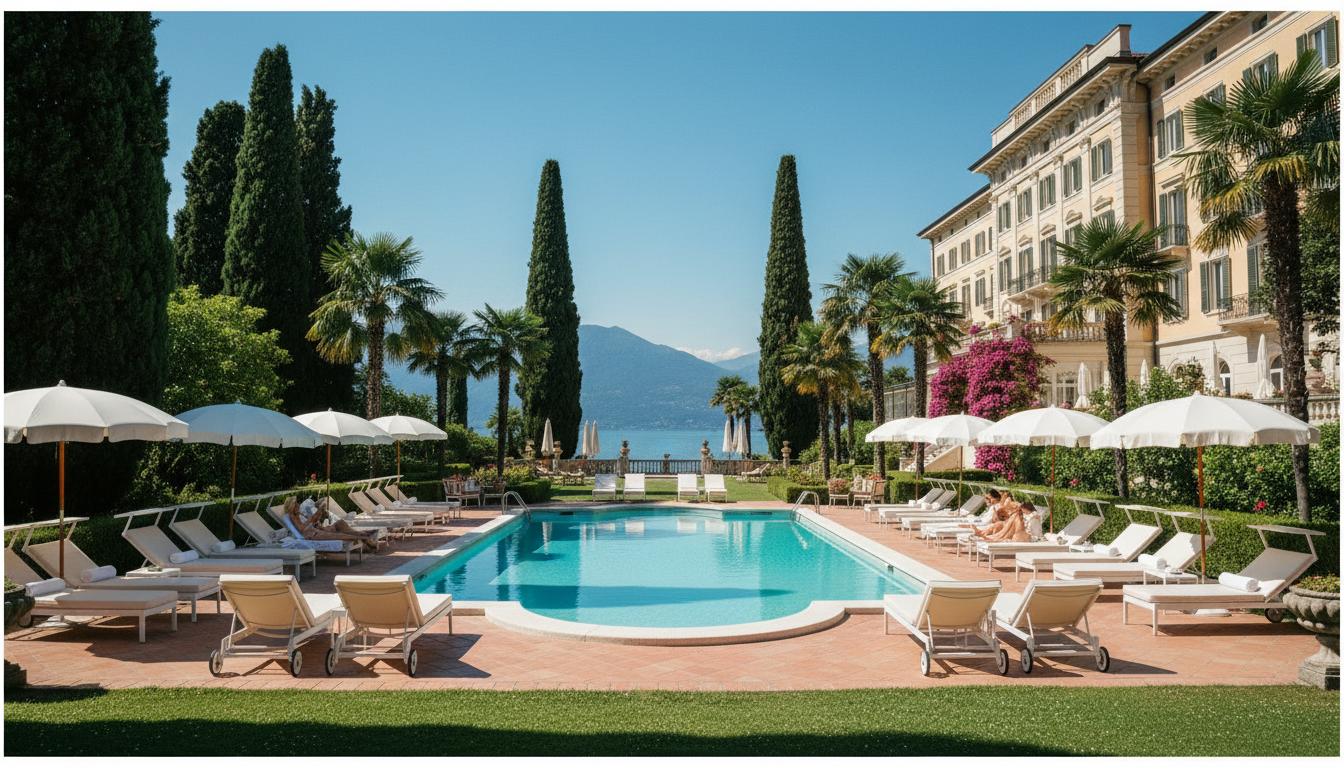 The secluded swimming pool at the Grand Hotel Fasano, surrounded by lush gardens.