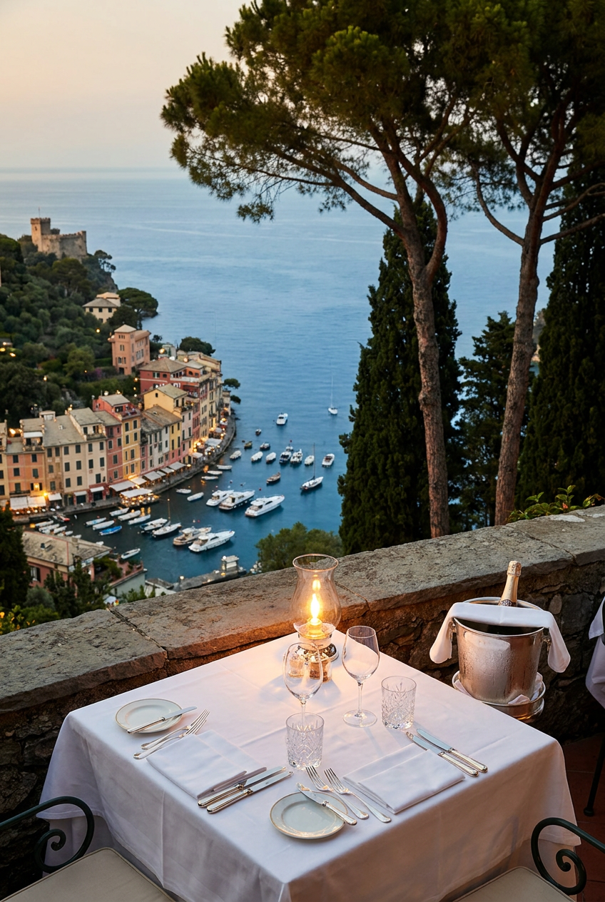 A table set for dinner on the terrace of La Terrazza restaurant at Hotel Splendido, overlooking the sea.