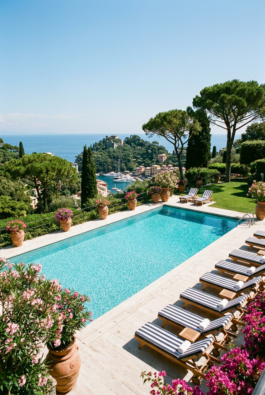 The famous saltwater swimming pool at Hotel Splendido, with panoramic views of the Ligurian coast.