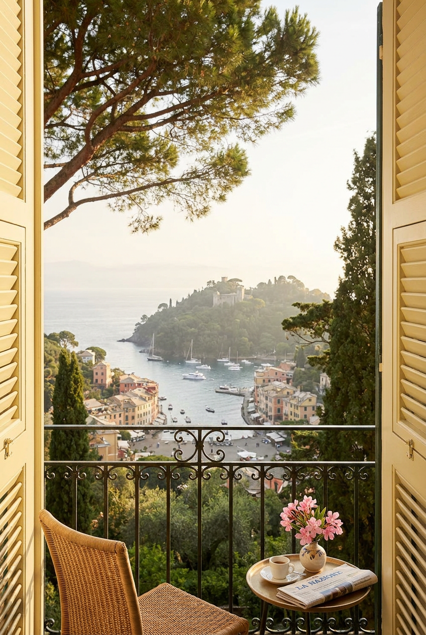 The view from a sun-drenched balcony of a suite at Hotel Splendido, looking out over the water.