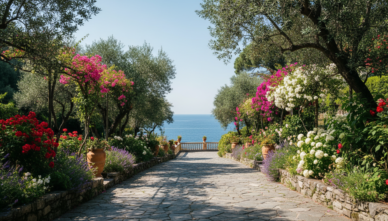 Lush, terraced gardens with blooming flowers and olive trees at the Hotel Splendido.