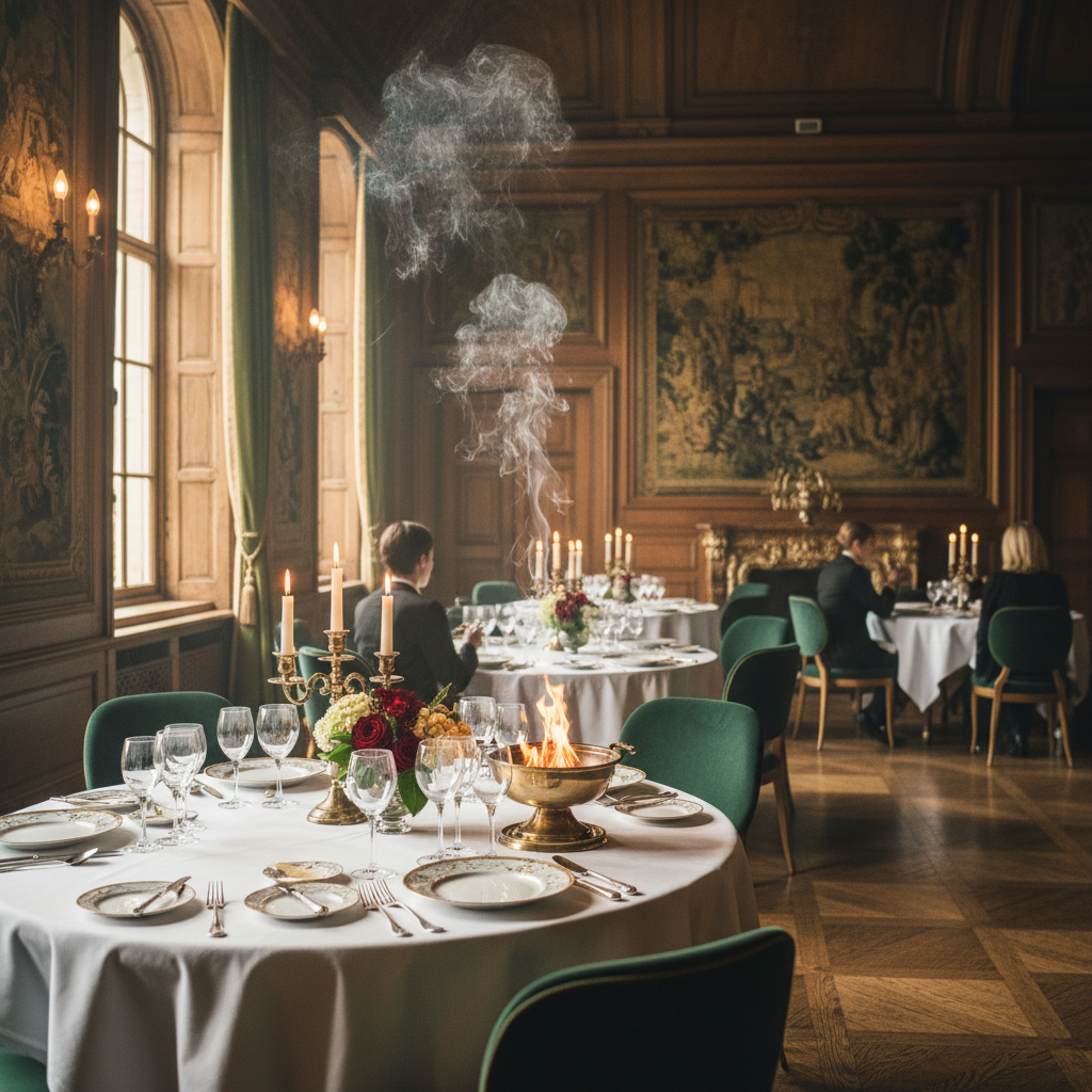The main dining room of L'Ambroisie, with tapestries and formally set tables.