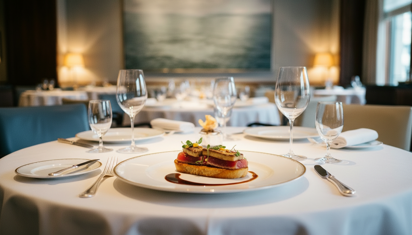 A close-up of a dish featuring thinly sliced raw yellowfin tuna arranged over a slice of baguette with foie gras.