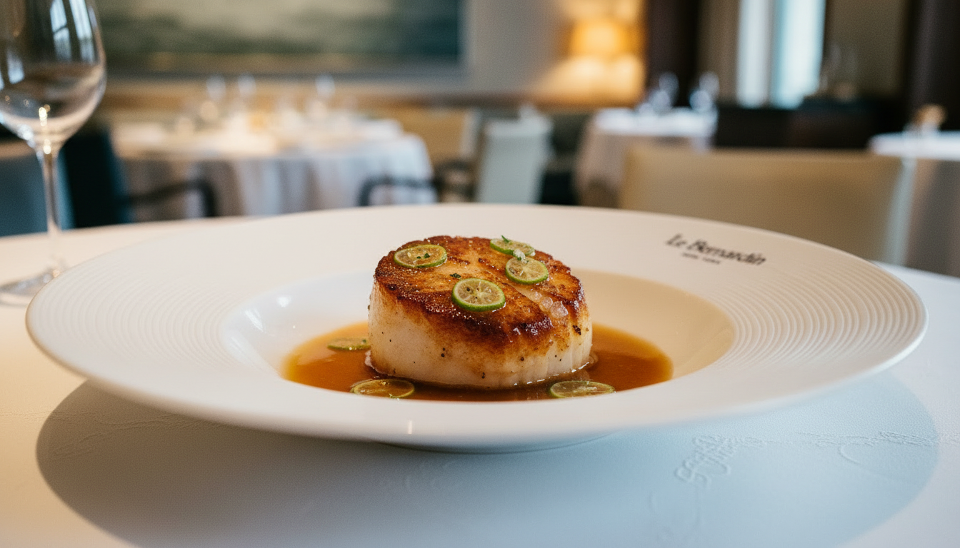 A perfectly seared scallop sits in a pool of glistening brown butter sauce.