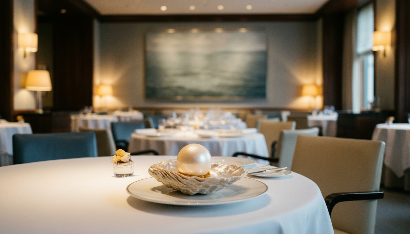 A dessert crafted to look like a large white pearl in an oyster shell.