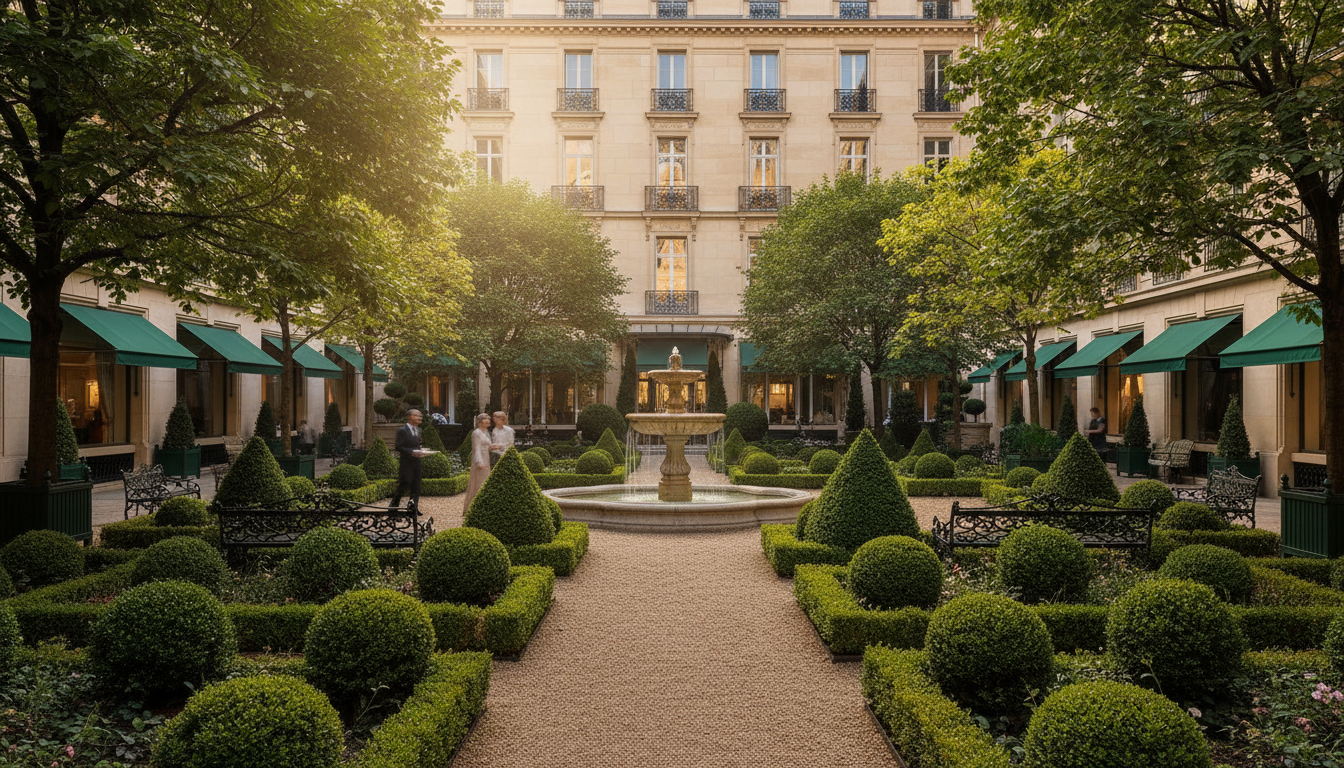 The verdant and perfectly manicured courtyard garden at Le Bristol Paris.