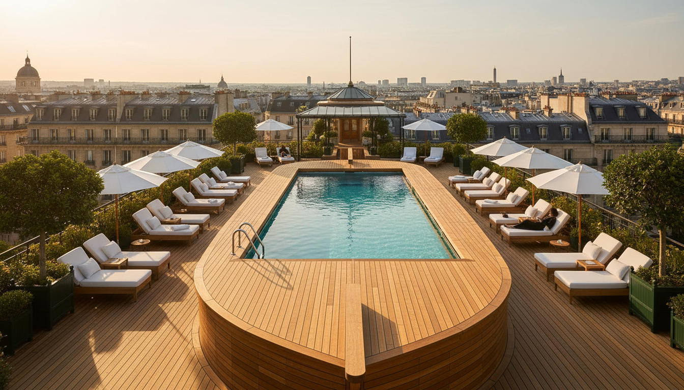 The rooftop pool at Le Bristol, with its teak deck and views over Paris.