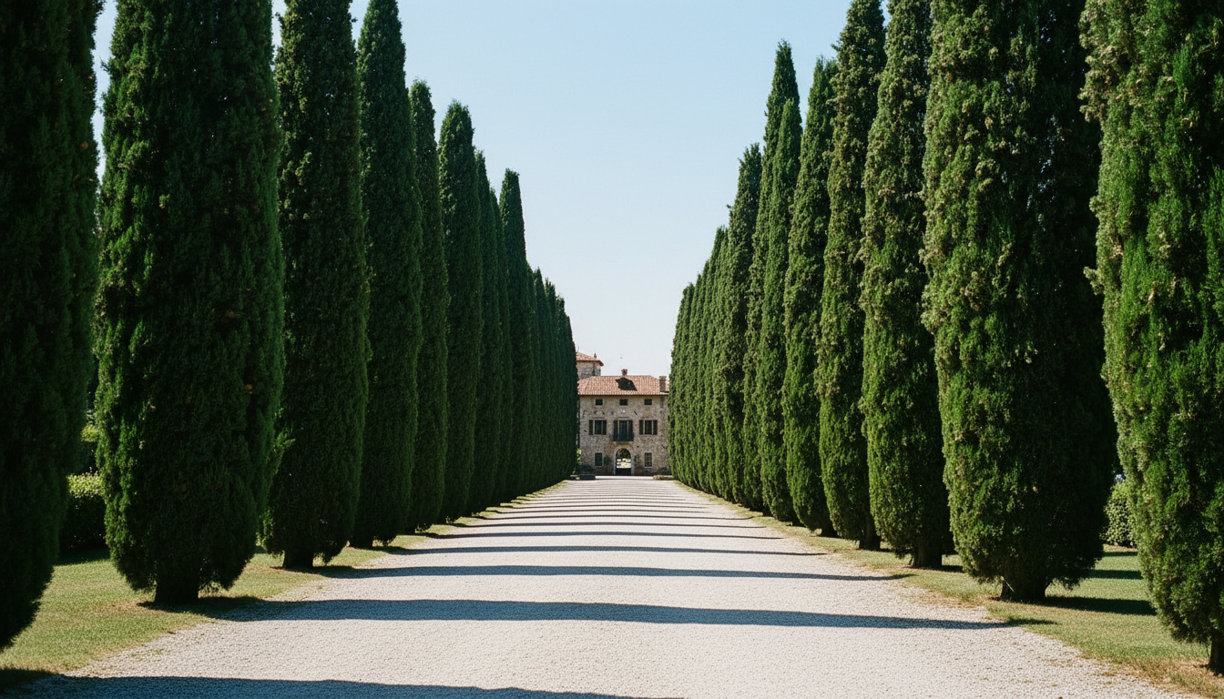 A long, straight avenue lined with tall cypress trees at Punta San Vigilio.