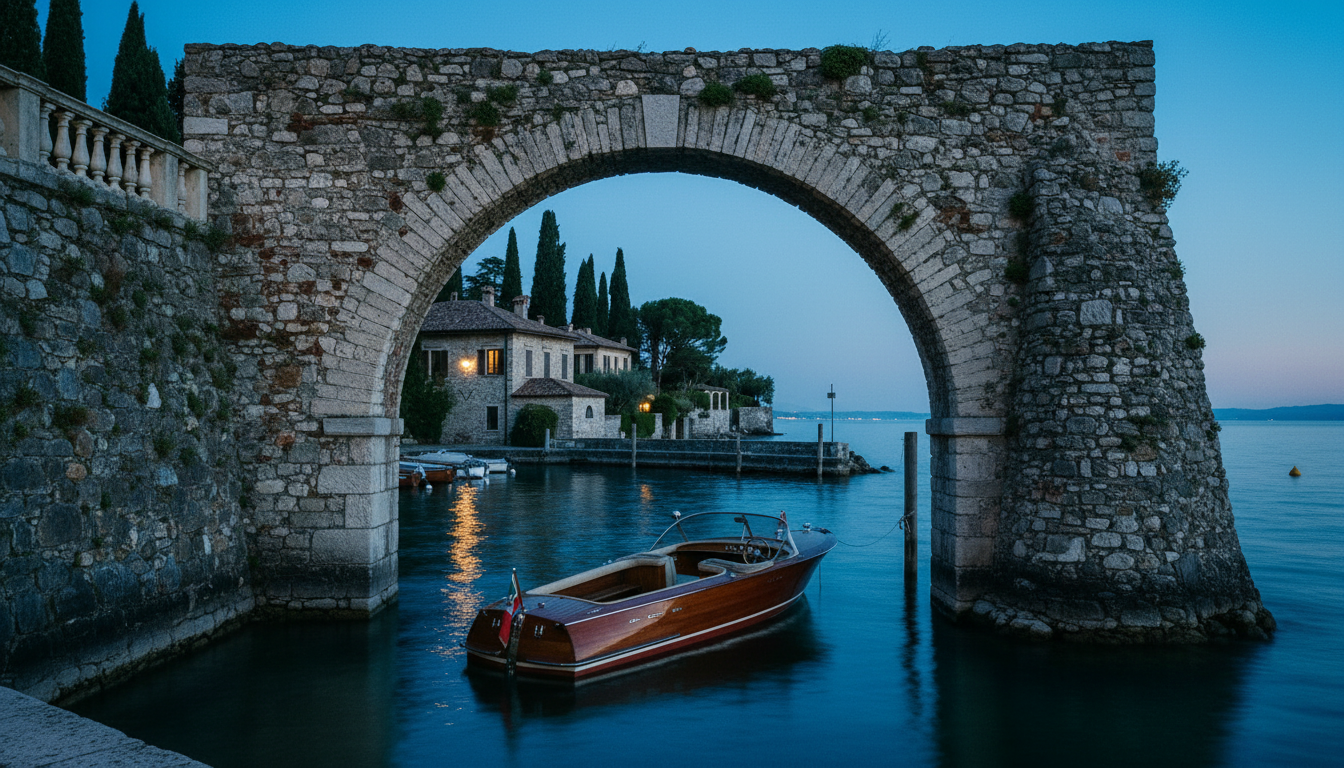 The iconic stone arch of the small private harbour at Locanda San Vigilio.