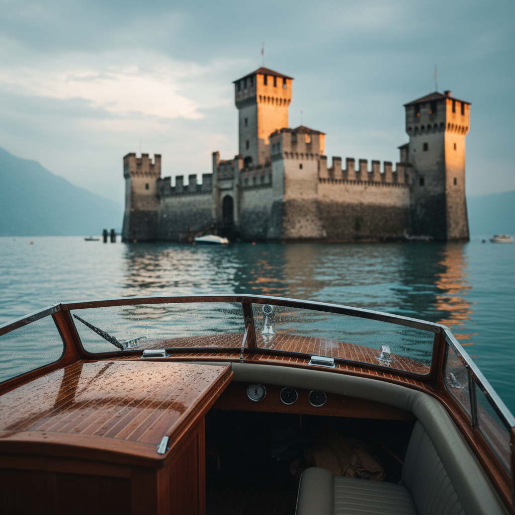 The medieval Scaligero Castle rising directly from the waters of Lake Garda in Sirmione.