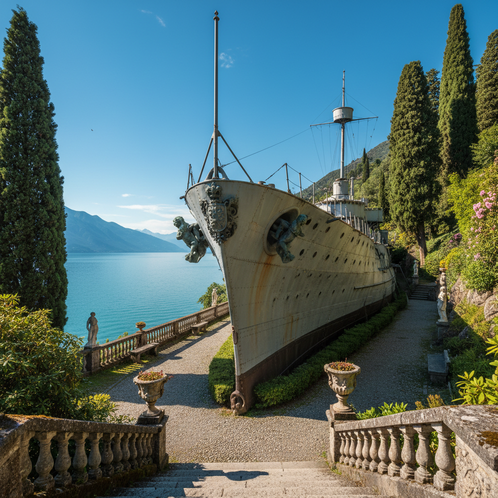 The prow of the warship Puglia jutting out from the gardens of Il Vittoriale.