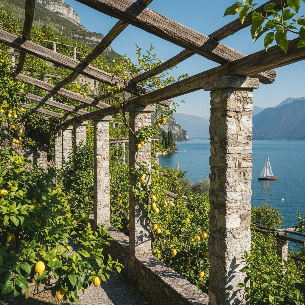 Stone pillars of the historic lemon terraces climbing the cliffs above Limone sul Garda.