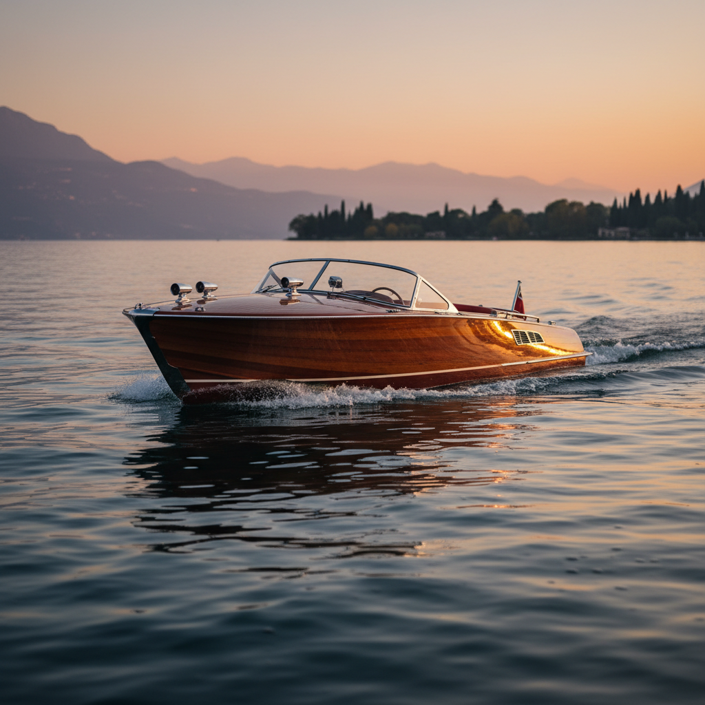 A classic mahogany Riva speedboat cruising on Lake Garda at sunset.