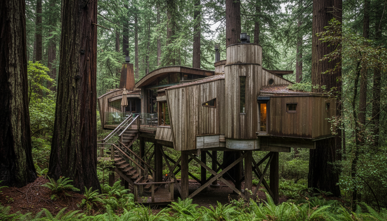 A Tree House room at Post Ranch Inn, elevated on stilts amidst a forest.