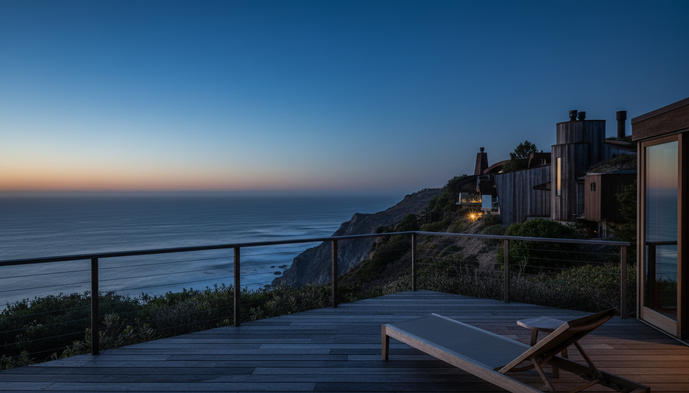 The sun sets over the Pacific Ocean, viewed from a private hotel room deck.