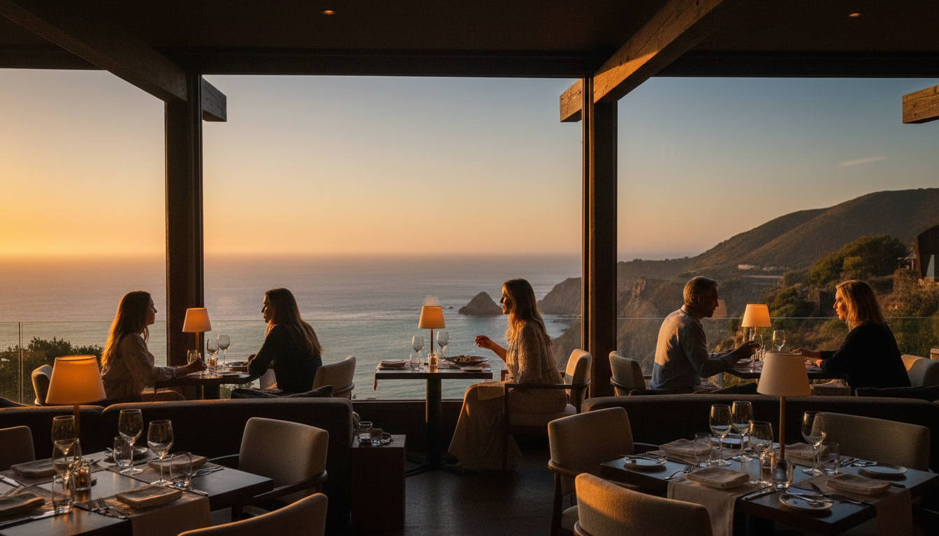 Diners at the Sierra Mar restaurant with expansive views of the ocean.