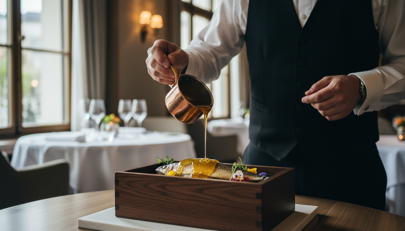 A dish of char being prepared in hot beeswax at a table at Steirereck.