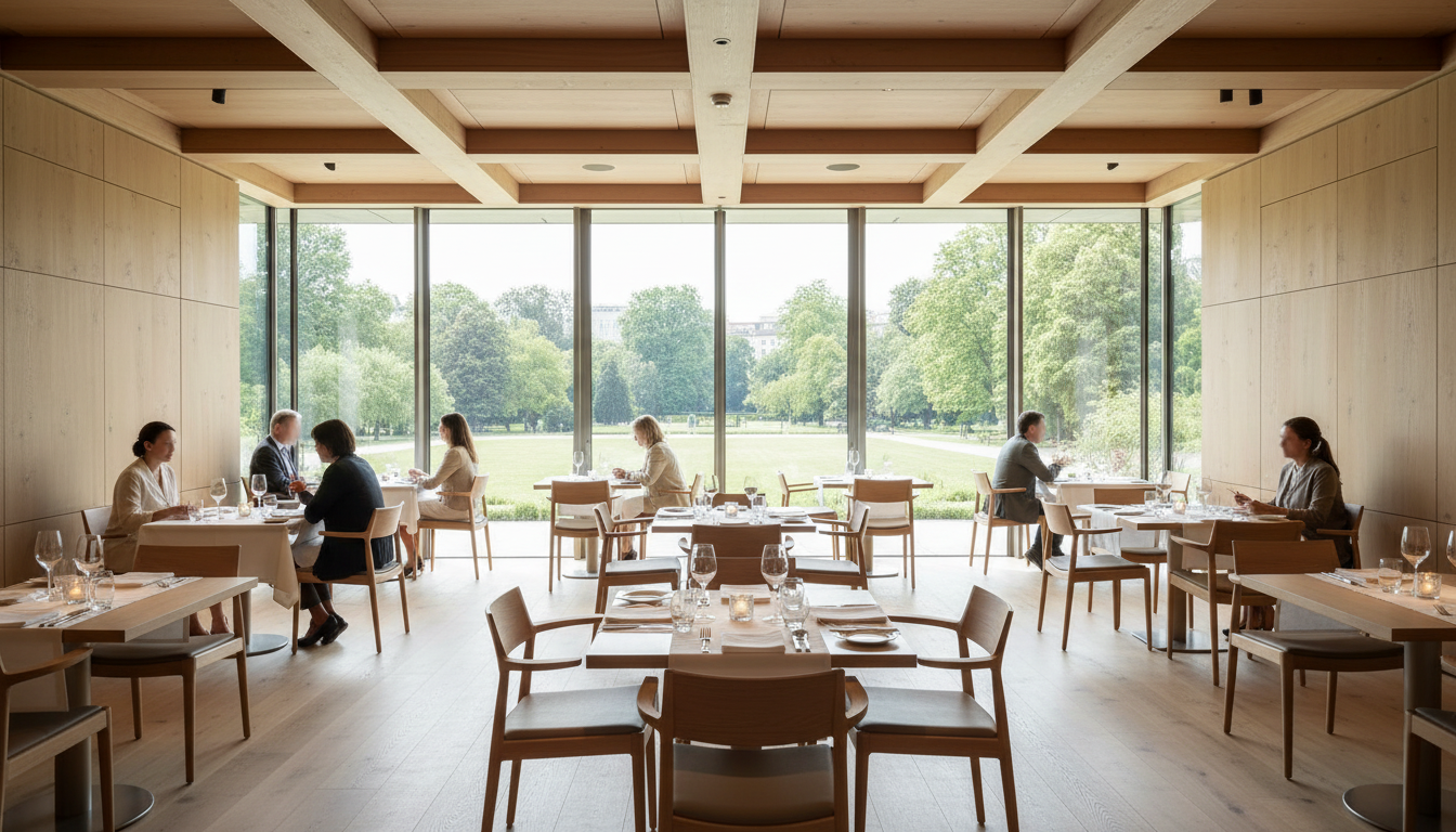 The bright and modern dining room at Steirereck, overlooking the park.