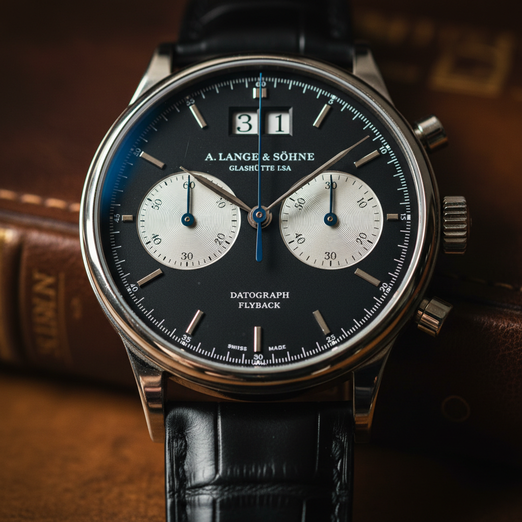 A close-up of the Datograph dial, highlighting the outsize date and symmetrical sub-dials.