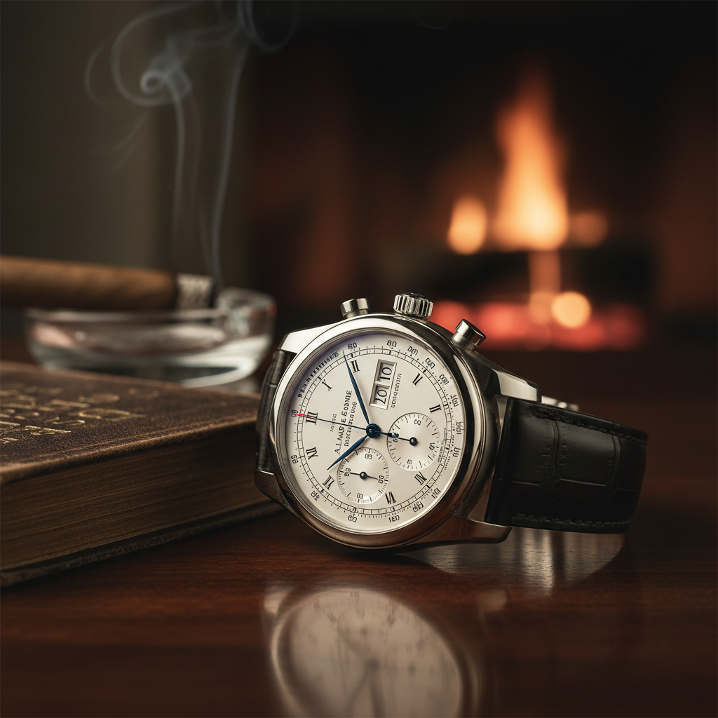 The solid platinum case of the A. Lange & Söhne Datograph, showing its distinctive lugs and pushers.