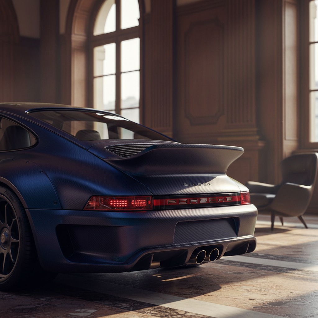 The rear view of the Singer DLS, showing its carbon fiber body and aerodynamic ducktail spoiler.