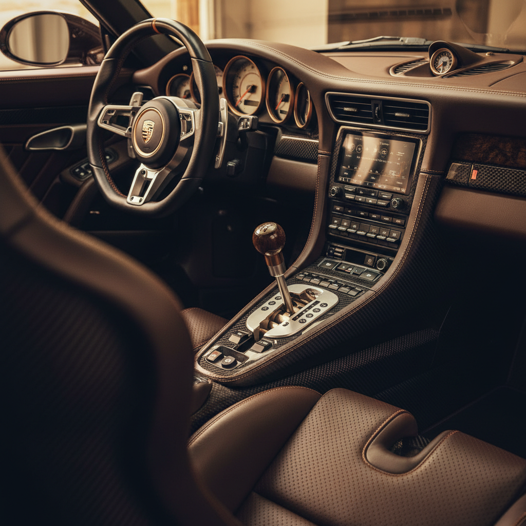 The bespoke interior of the Singer DLS, featuring carbon fiber seats and a minimalist dashboard.