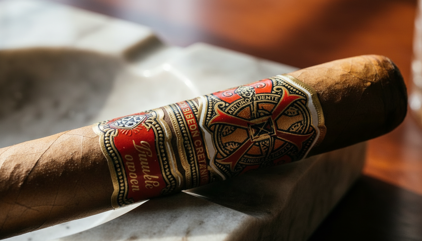 Close-up of the ornate band of the Arturo Fuente Opus X cigar.